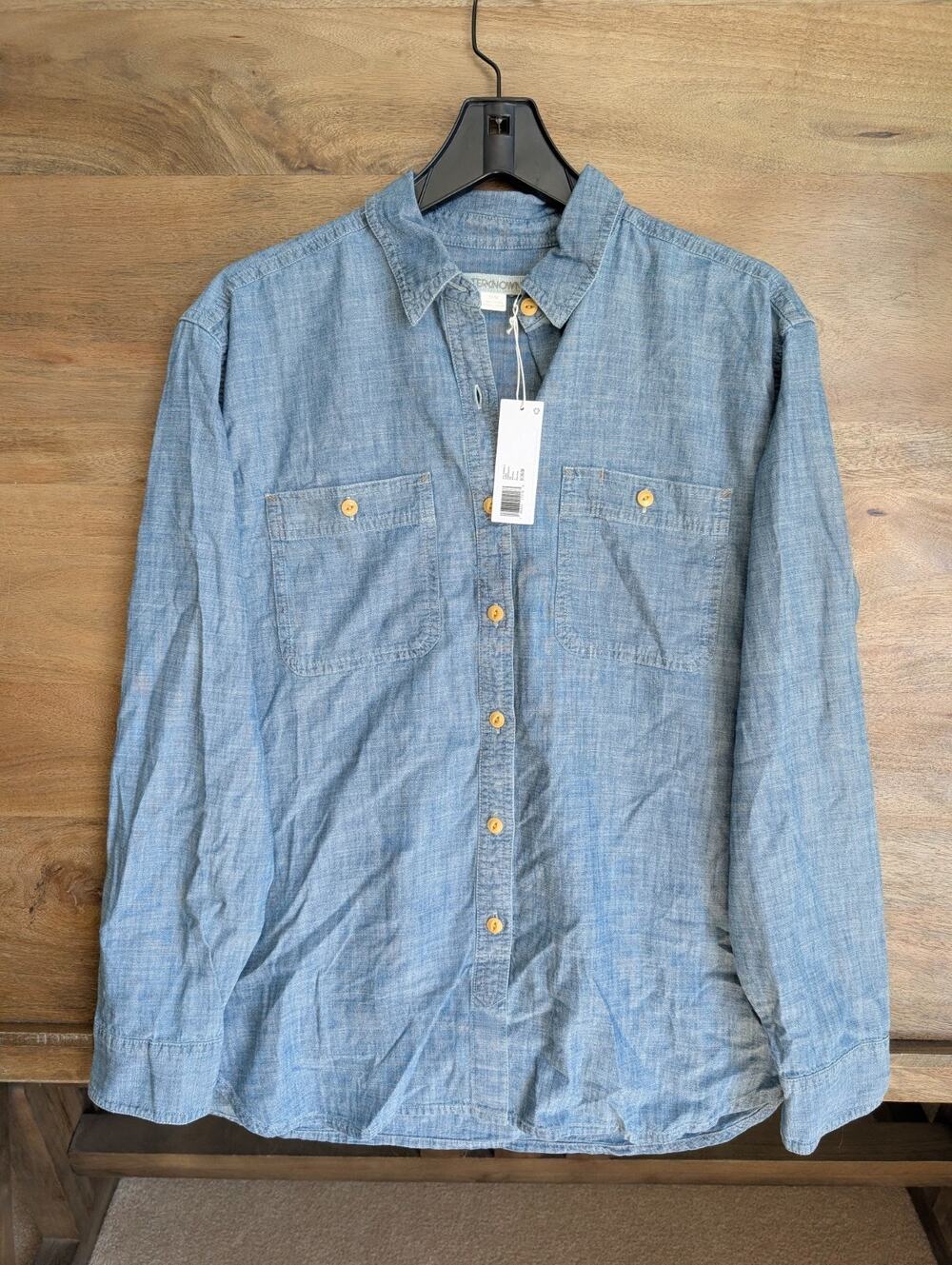 NWT Outerknown Chambray Shirt Men Medium Blue Long Sleeve Chest Pocket Button Up